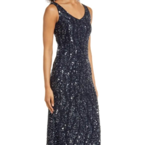 PISARRO NIGHTS SEQUIN & BEAD SLEEVELESS NAVY DRESS  sz 12 - Picture 2 of 9